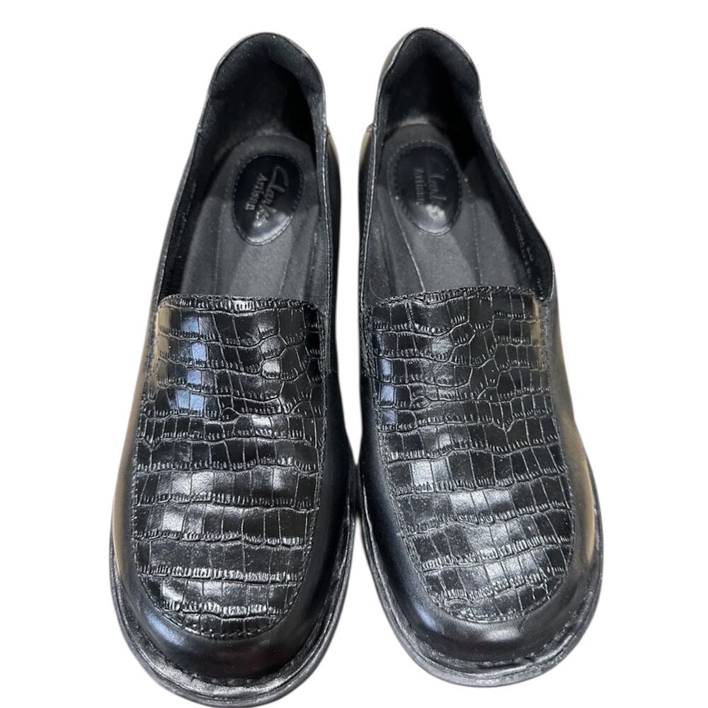Clarks Artisan Mill Square Crocodile Black Embossed Comfort Loafers, Women's 7.5